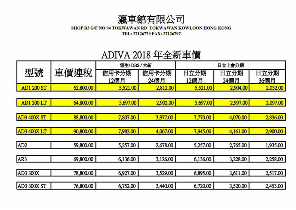 2018 ADIVA PRICE LIST